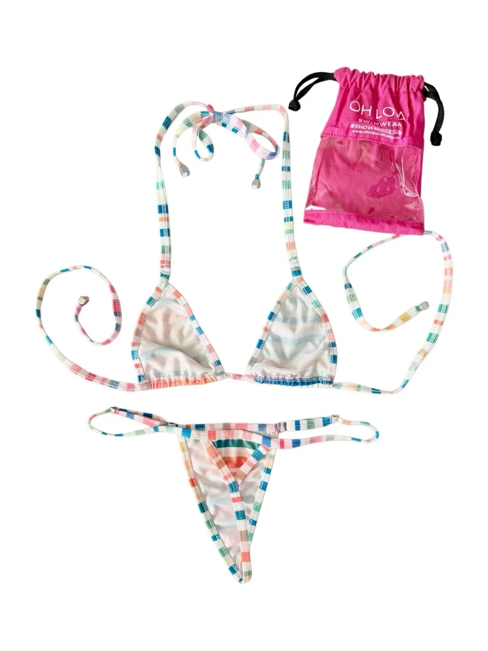 Oh Lola Swimwear Multicolor Stripe Micro Bikini + Pouch | Size Small